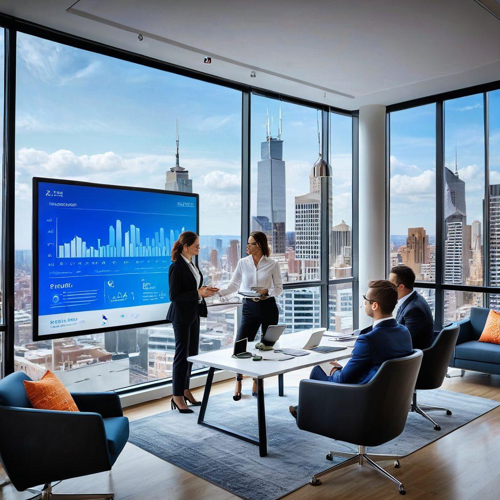 A modern, sleek office space showing a diverse group of insurance agents collaborating over a digital tablet, with charts and graphs depicting growth and reliability in the background. Include elements like a large window revealing a city skyline and comfortable seating, symbolizing accessibility and professionalism. Emphasize friendly, approachable expressions on the agents' faces. vibrant colors. modern design.