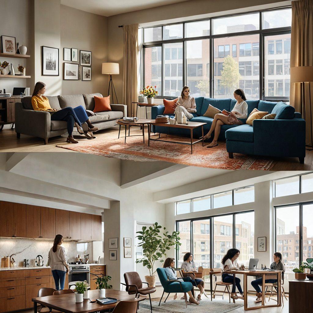 A split-screen image showcasing two contrasting scenes: on one side, a cozy personal home with a caring family and their belongings, and on the other, a bustling commercial building with employees and clients. In the center, a hand drawing a bridge connecting both worlds, symbolizing tailored insurance coverage. The overall tone is warm and inviting, emphasizing security and protection. vibrant colors. super-realistic.