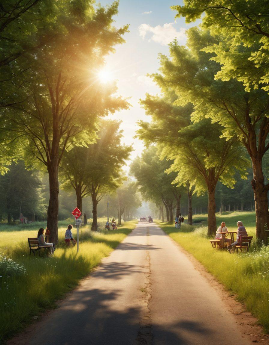 An open road with signposts indicating various insurance options like 'Health', 'Auto', 'Home', and 'Life'. In the background, a diverse group of people happily discussing insurance policies at a picnic, showcasing community and support. Bright sunlight filtering through trees, giving a sense of warmth and reassurance. super-realistic. vibrant colors. 3D.